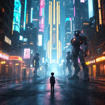The primary subject of the image is a small child standing in the middle of a city street. The setting is a futuristic city with tall buildings and neon lights. The visual style is a digital art or illustration, creating a vibrant and dynamic atmosphere. The colors and mood are predominantly dark and moody, with the child standing out as the focal point of the scene.